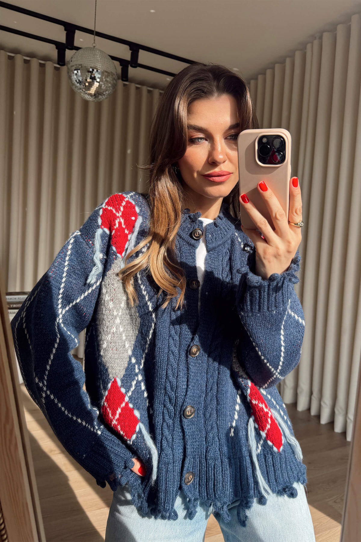 The Vintage Blue & Red Fringed Cardigan