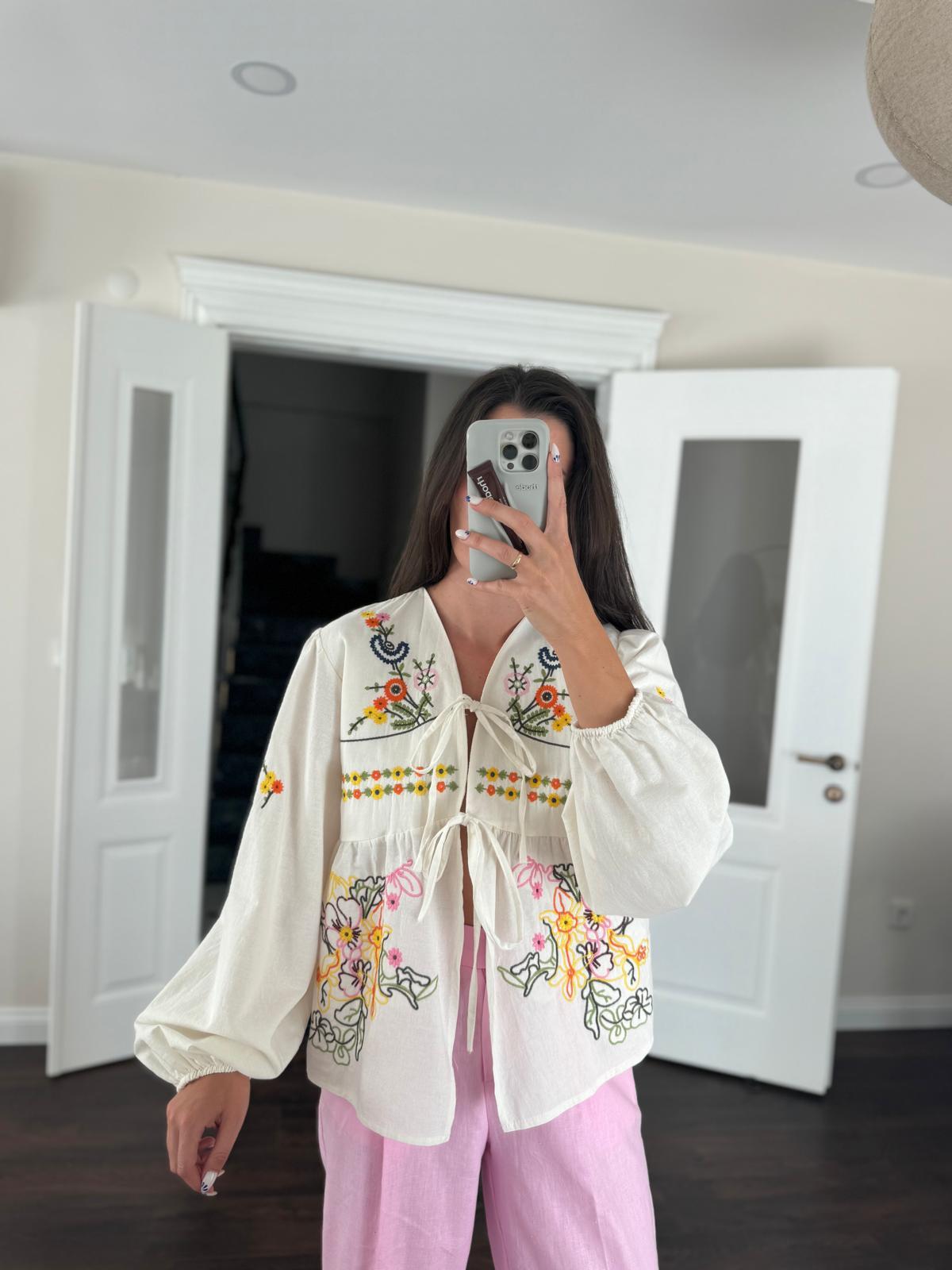 Cotton Embroidered Floral Cardigan With Ties