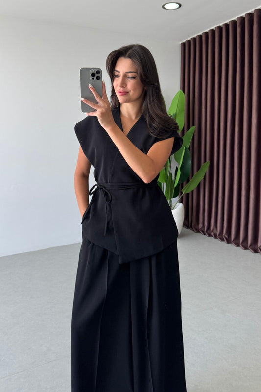 Black Belted Vest & Wide Leg Pants Set