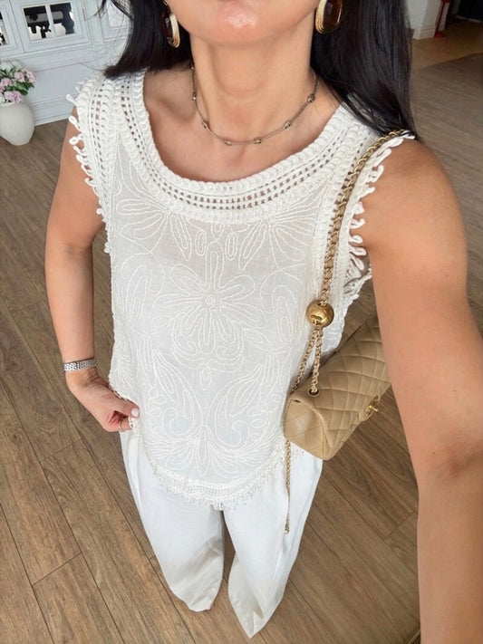 Italian Lace White Embroidered Top With Fringes