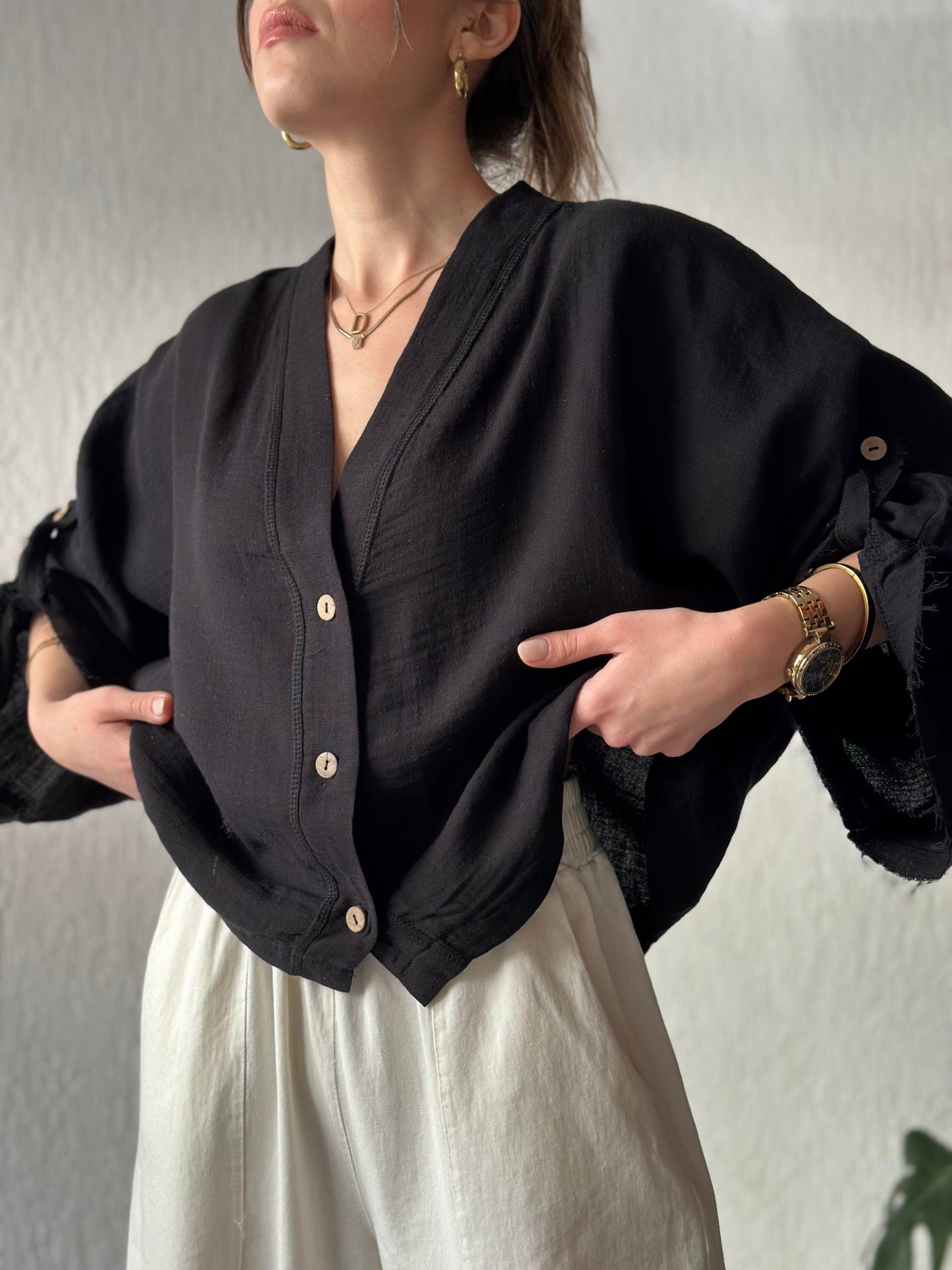 Black Muslin Cotton Blouse With Back Ties