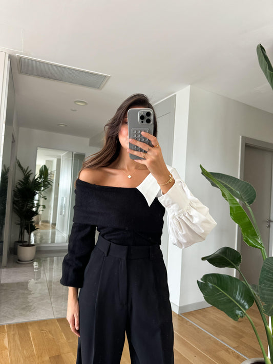 Black Off Shoulder Pullover With Shirt Sleeve