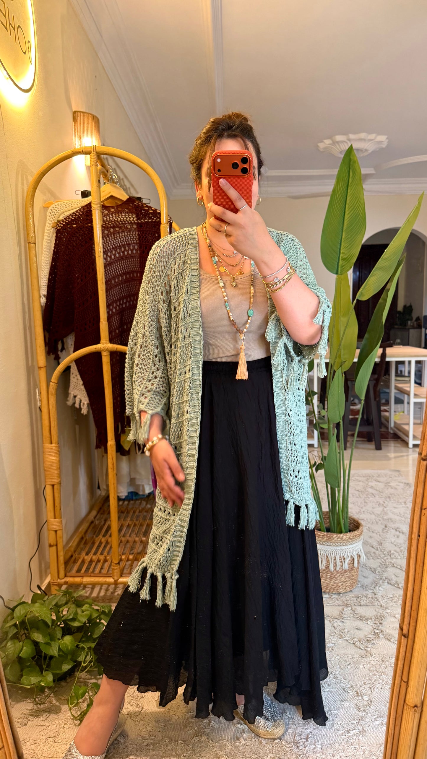 Mint Green Crochet Tasseled Kimono