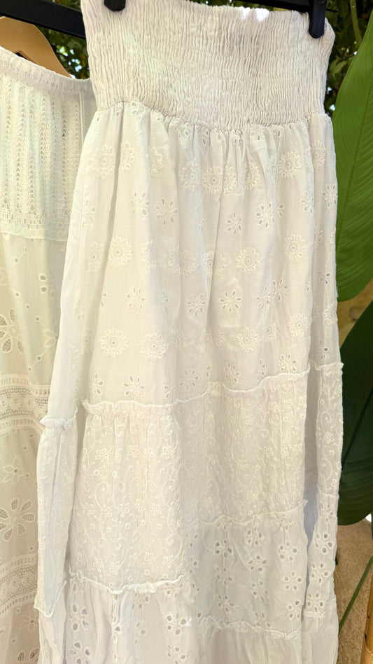 White Cotton Cut Out Skirt With Wide Waist
