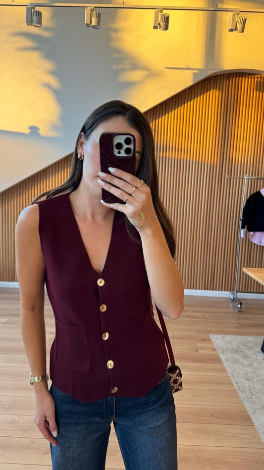 Burgundy Vest With Golden Buttons & Pockets