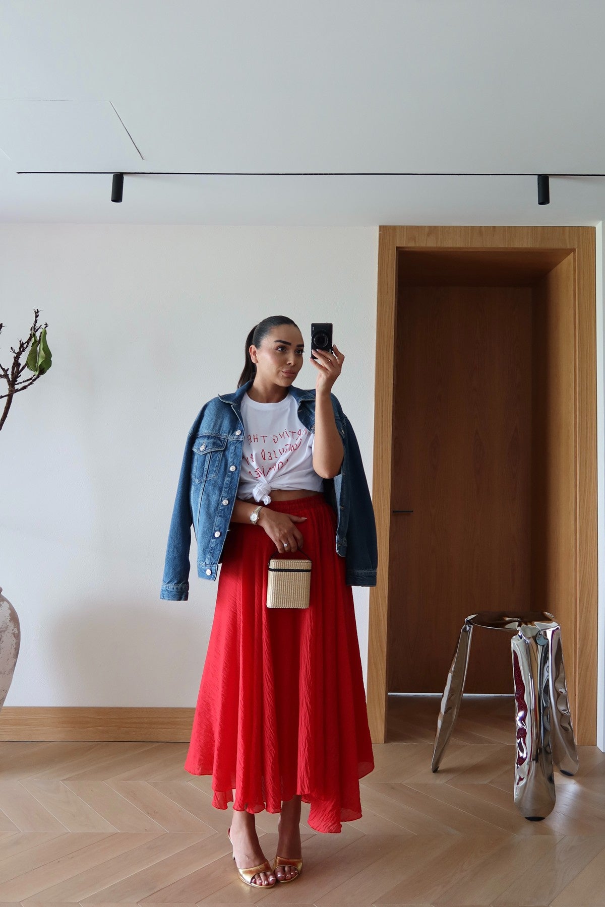 Red Asymmetrical Crinkled Chiffon Skirt