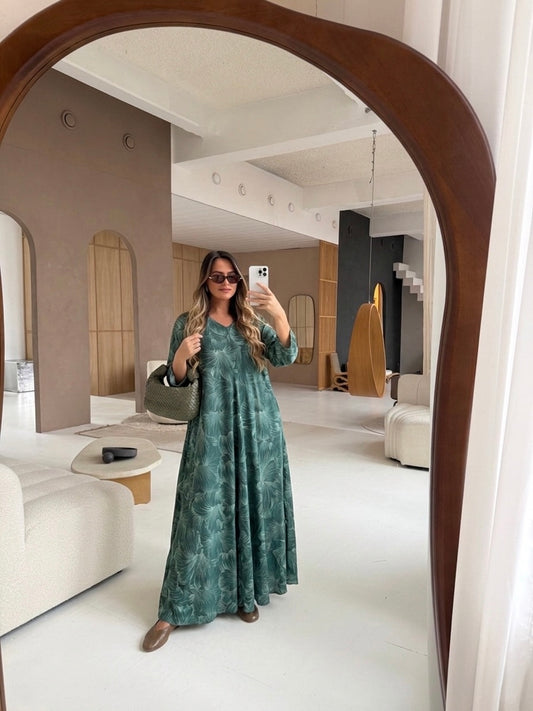 Green Beige Tropical Linen Dress
