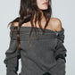 Grey Draped Shoulder Pullover With Silver Appliqué