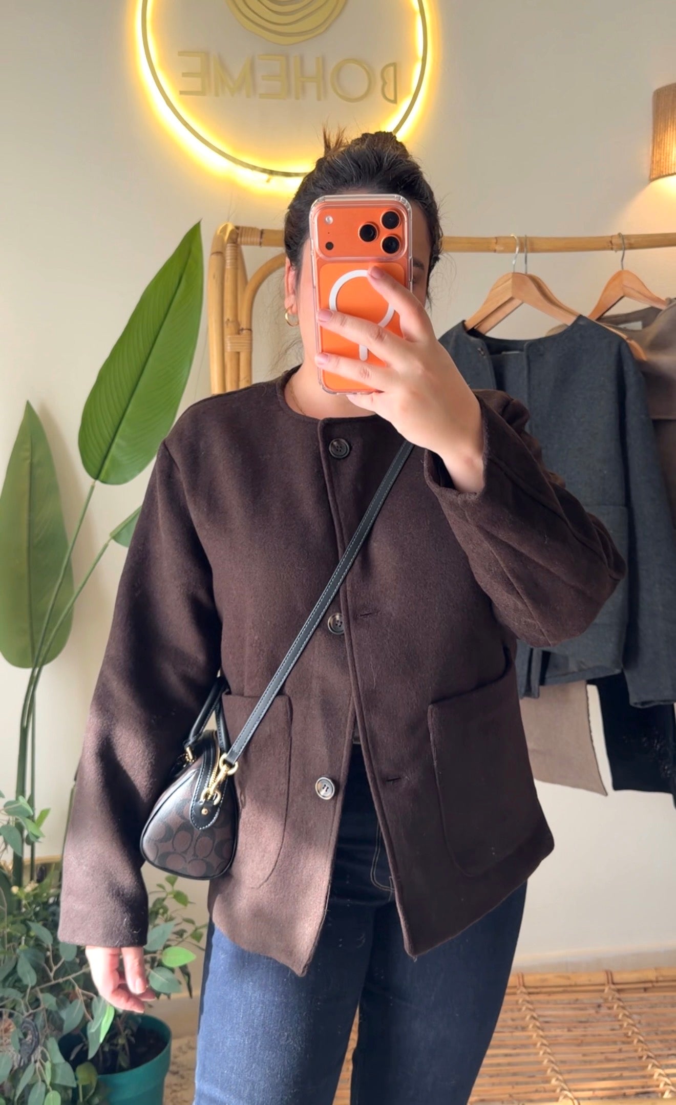 Brown Wool Jacket With Pockets & Detachable Scarf