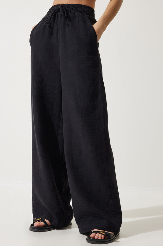 Black Cotton Wide Pants With Elastic Waist