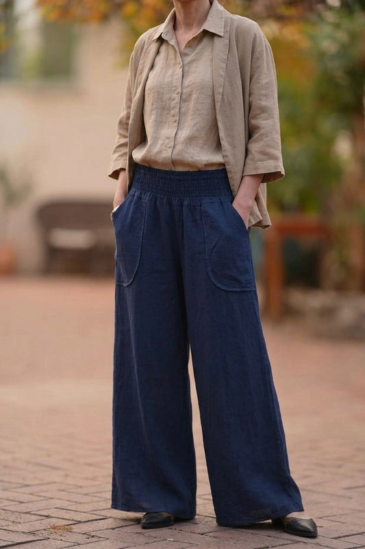 Italian Navy Linen Wide Leg Pants With Elastic Waist