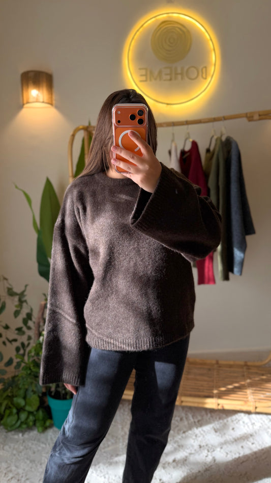 Brown Oversized Pullover With Bell Sleeves