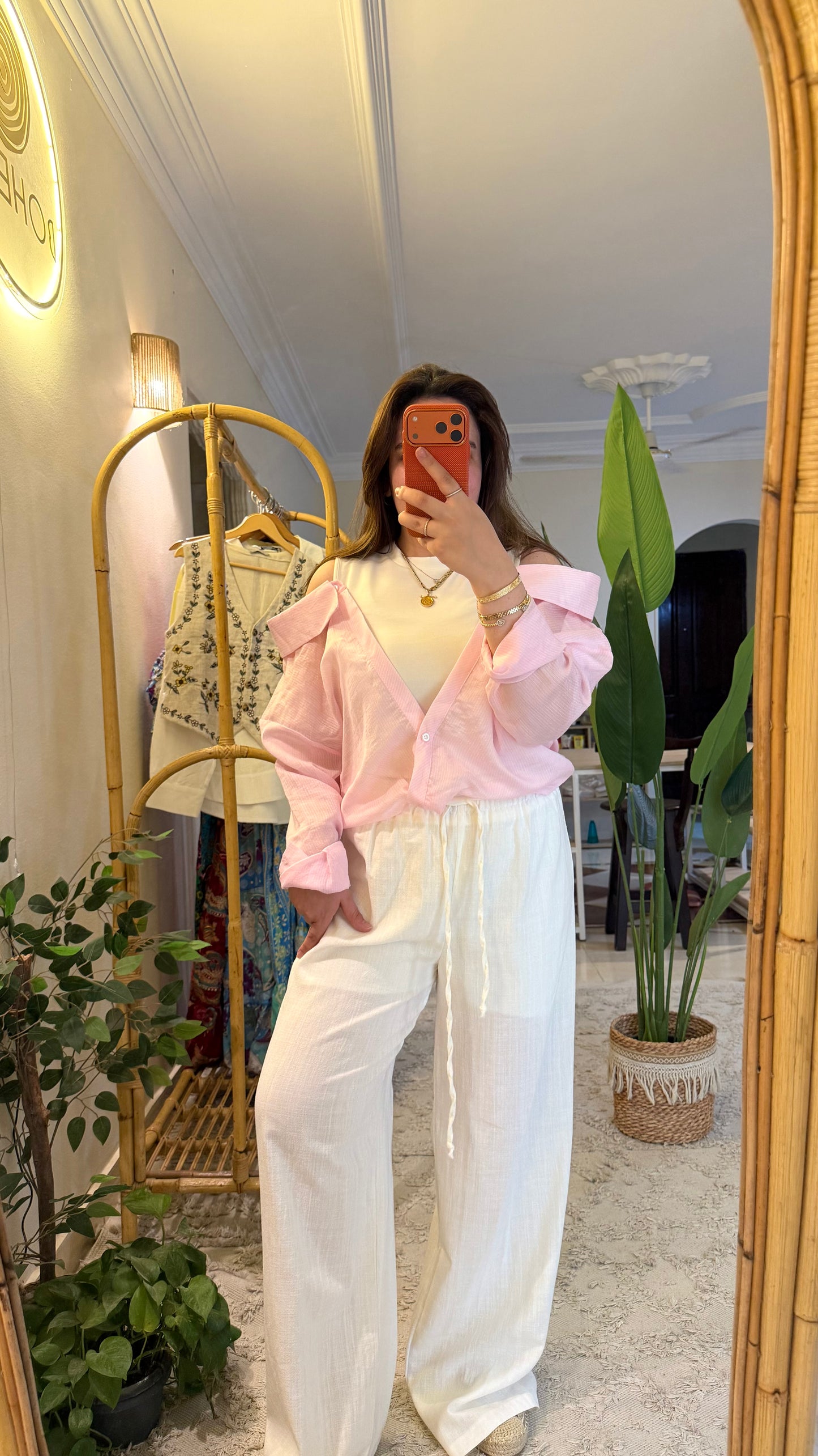 Off Shoulder Striped Pink Shirt With White Top