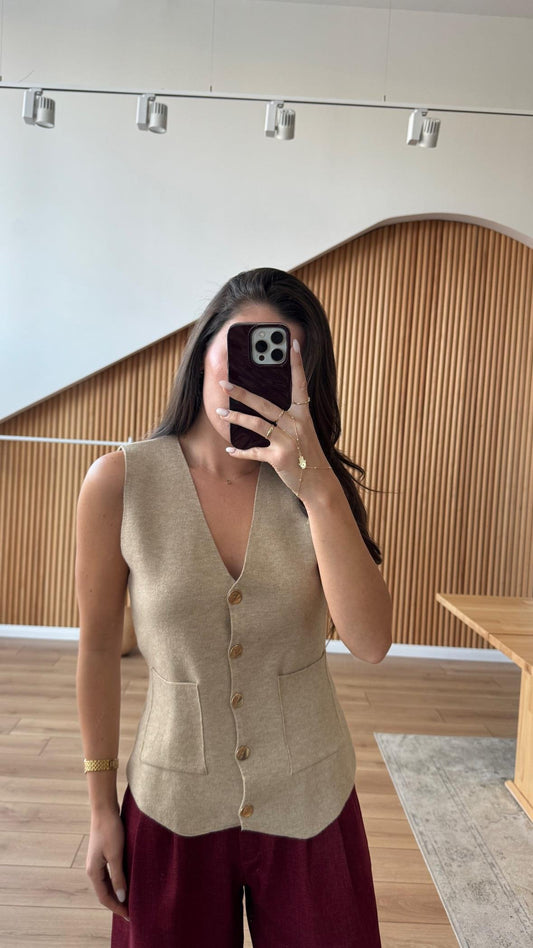 Beige Vest With Golden Buttons & Pockets