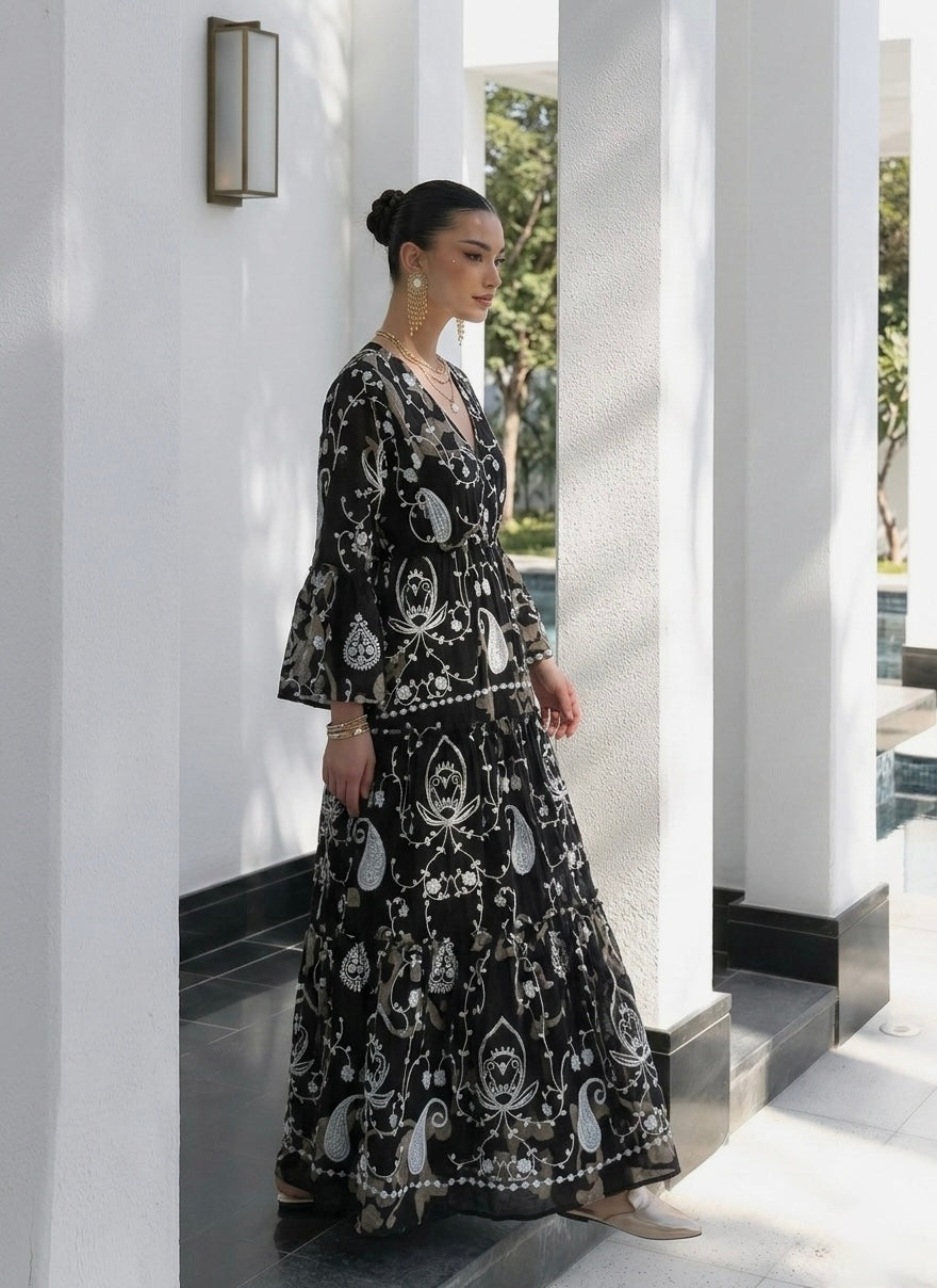 The French Black Embroidered Paisly Dress