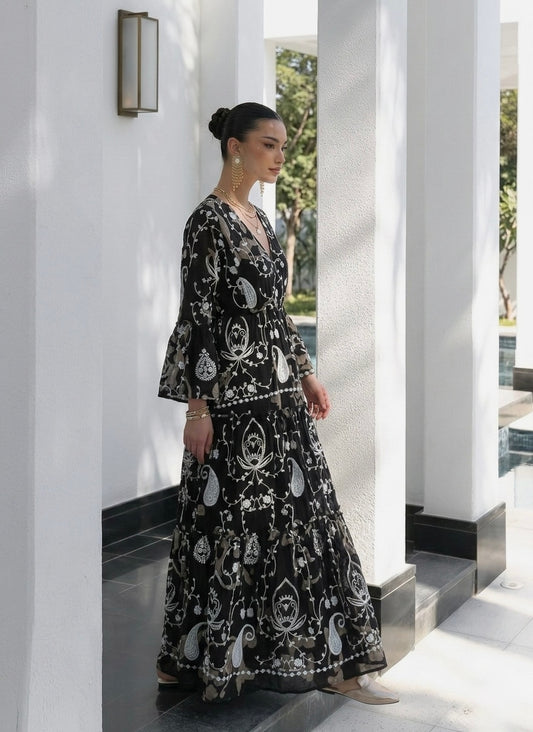 The French Black Embroidered Paisly Dress