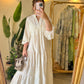 Beige Embroidered Floral Cotton Wide Dress