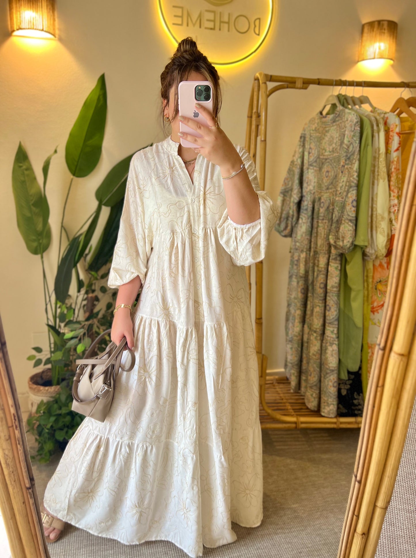 Beige Embroidered Floral Cotton Wide Dress
