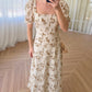 Beige Brown Vintage Embroidered Dress With Square Neck