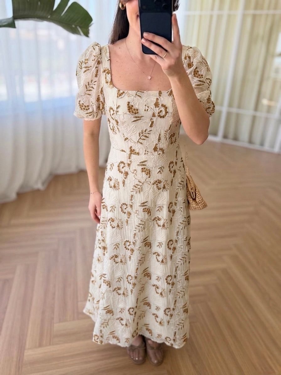 Beige Brown Vintage Embroidered Dress With Square Neck