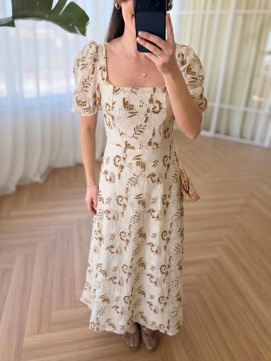 Beige Brown Vintage Embroidered Dress With Square Neck