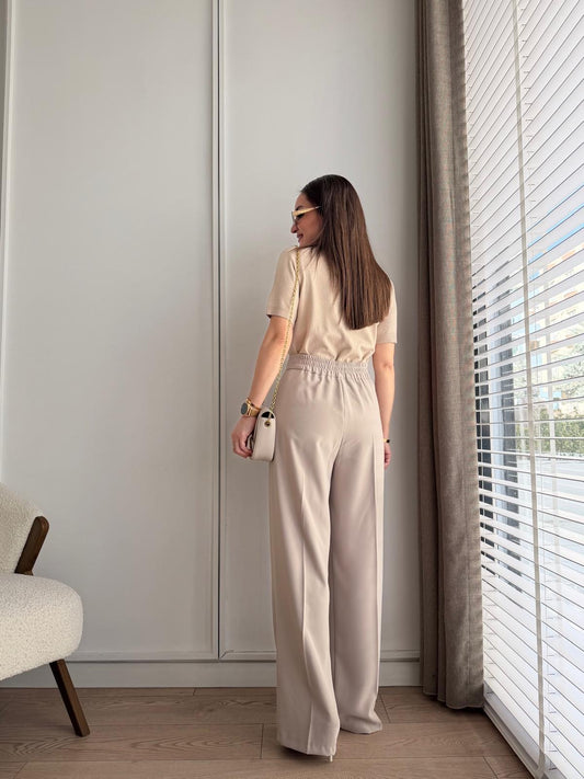 Beige Classic Pants With Golden Button