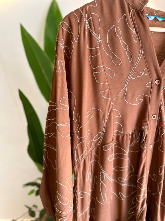 Camel Gold Embroidered Leaves Wide Dress