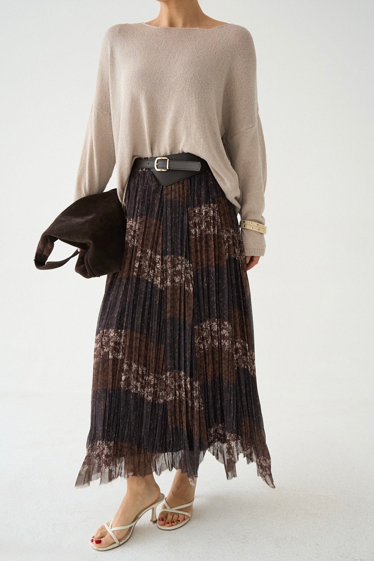 Brown Patchwork Asymmetrical Chiffon Skirt With Leather Belt
