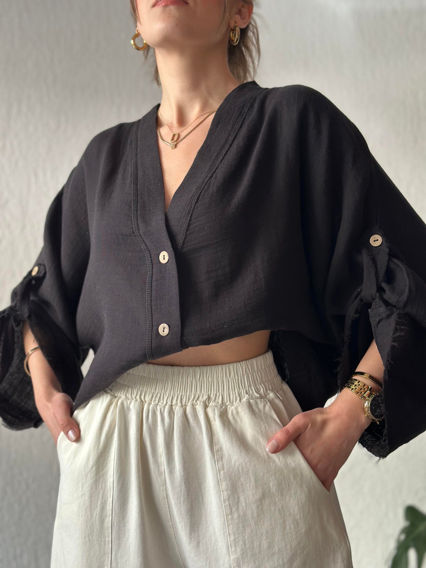 Black Muslin Cotton Blouse With Back Ties