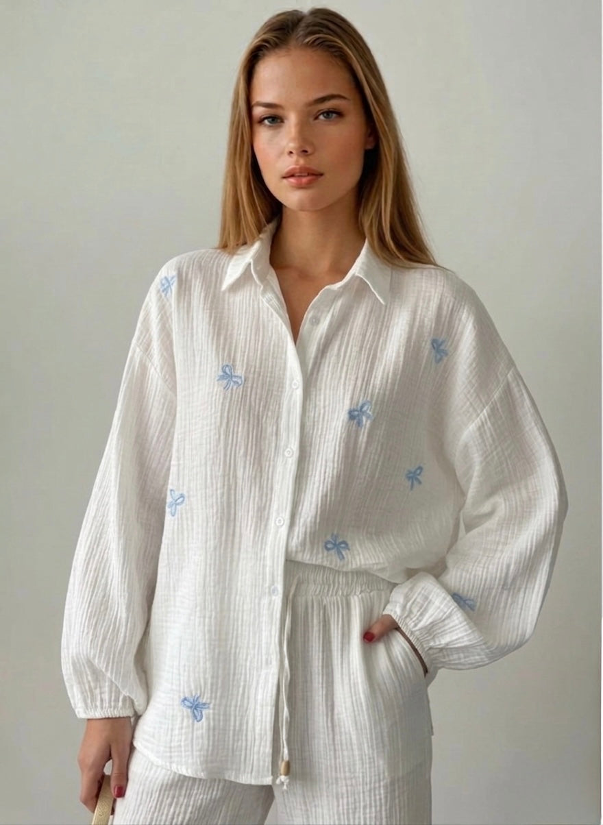 The White Blue Bow Embroidered Shirt