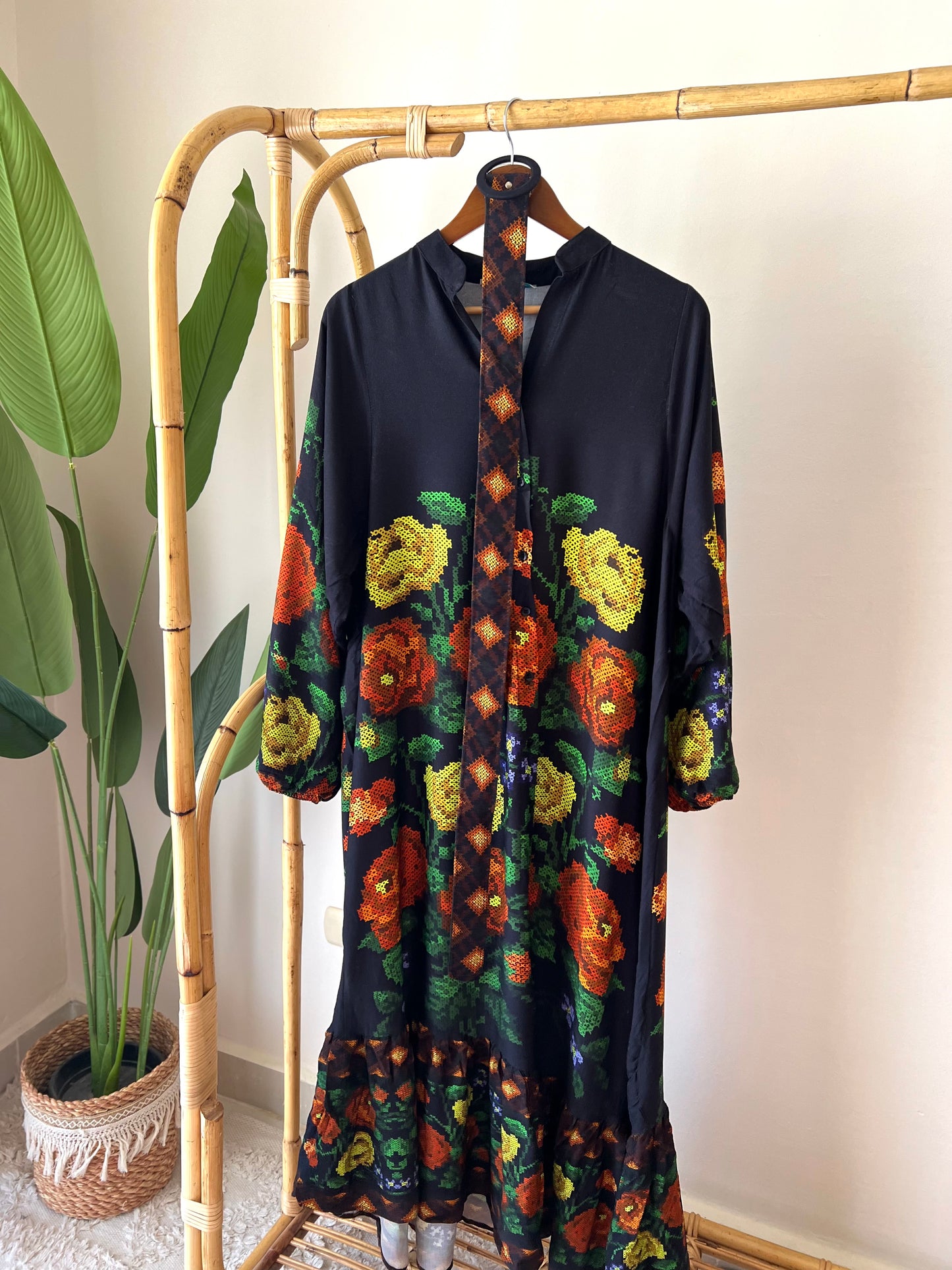 Black X Yellow Floral Pixel Belted Dress