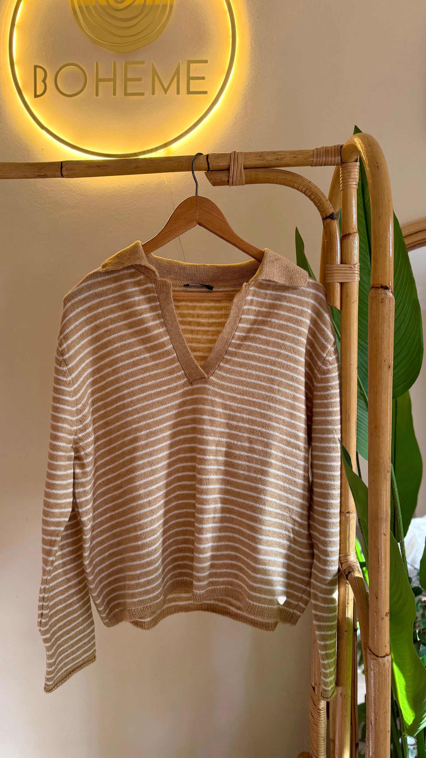 Yellow Ginger Striped Pullover With Polo Collar