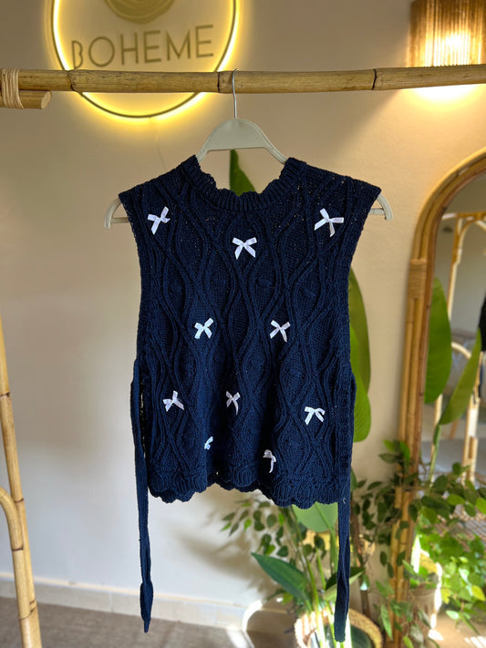 Dark Navy Crochet Vest With Ties & Bows