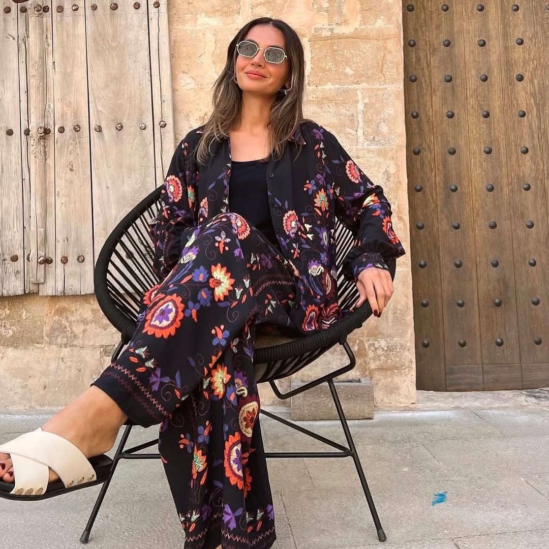 Floral Black Oversized Shirt Set