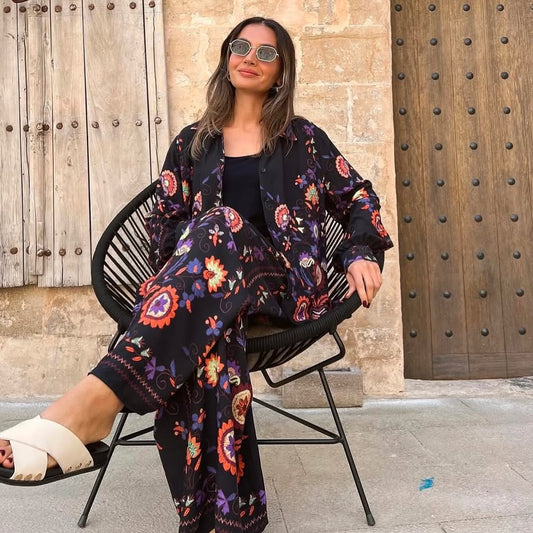 Floral Black Oversized Shirt Set