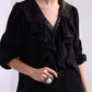 Black Ruffle Blouse With Floral Dantel