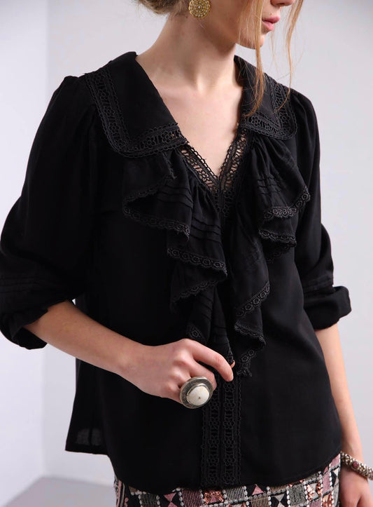 Black Ruffle Blouse With Floral Dantel