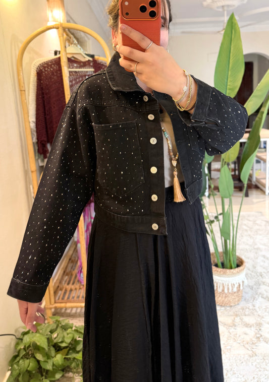 Glam Black Denim Cropped Jacket