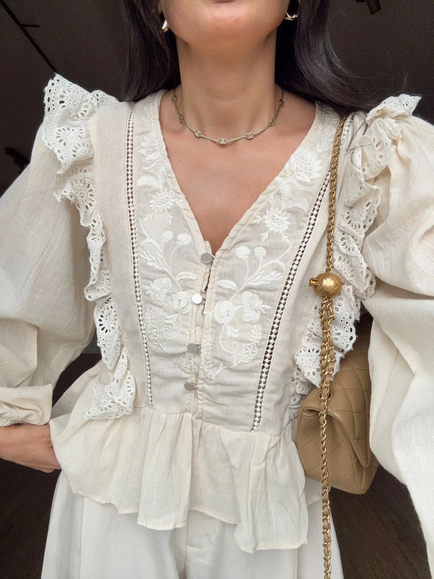Dantel Detailed Beige Blouse