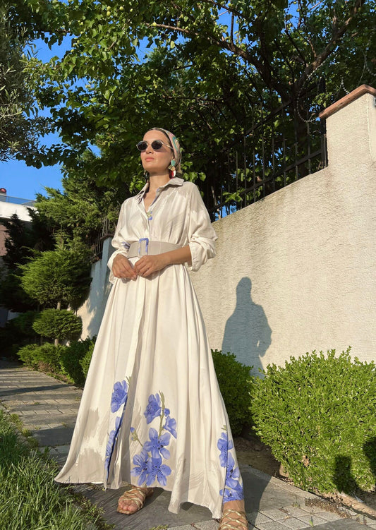 White X Blue Floral Belted Shirt Dress