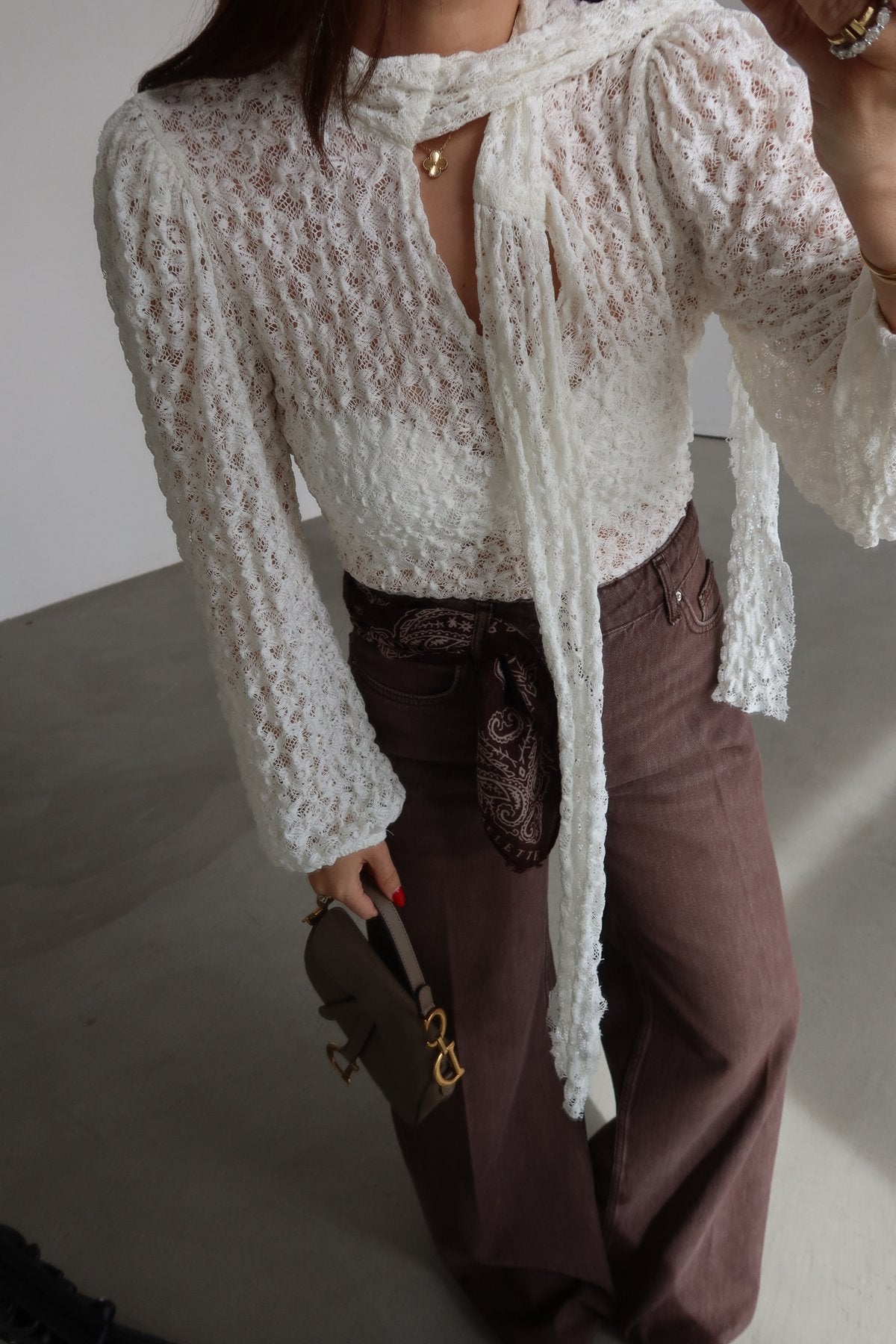 Off White Lace Blouse With Front Ties