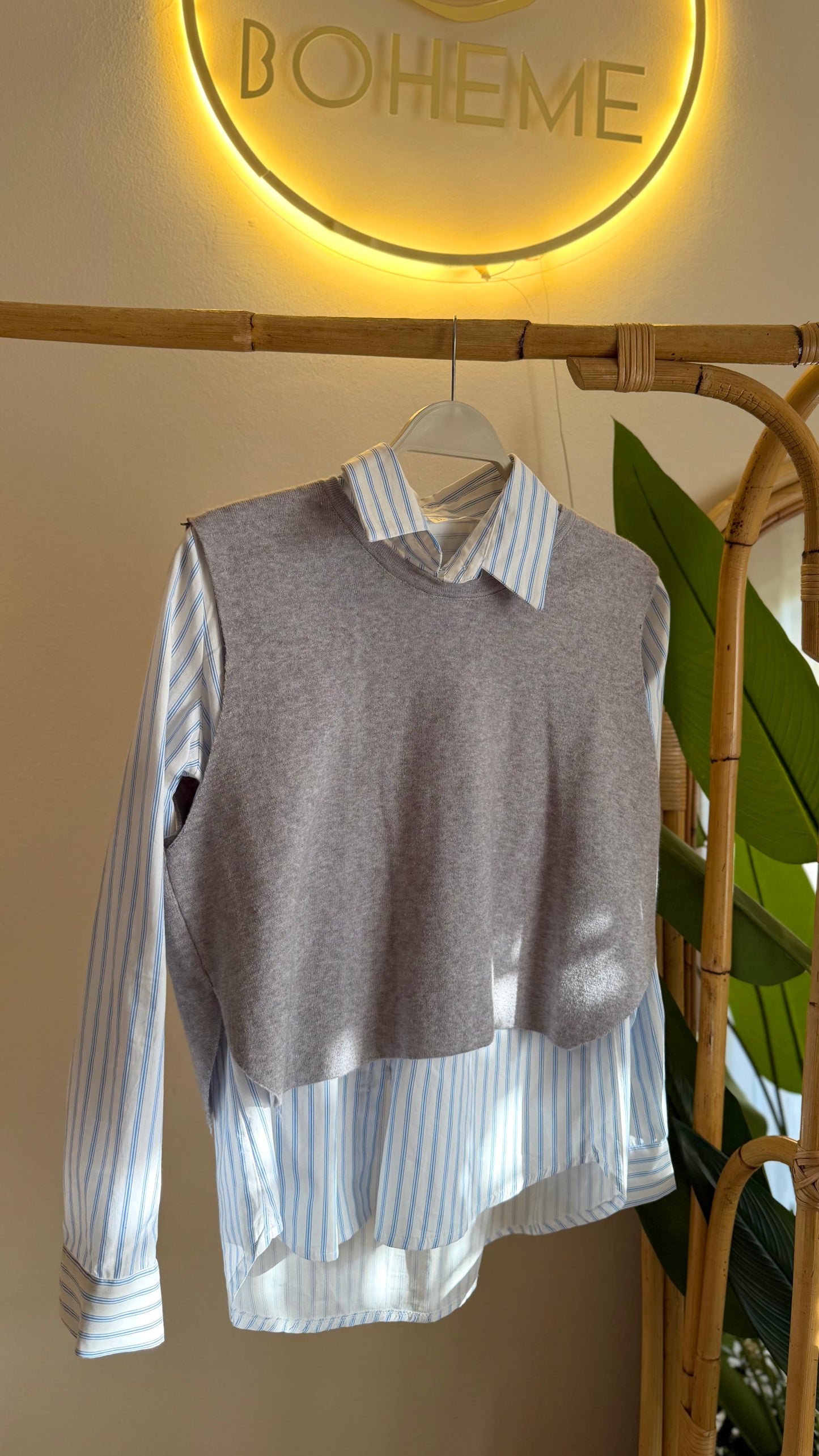 Grey Vest With Ties + Striped Black Cotton Shirt (2-Piece)