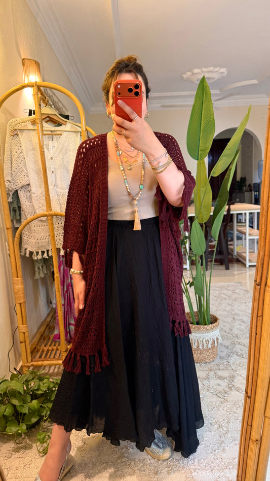 Burgundy Crochet Tasseled Kimono