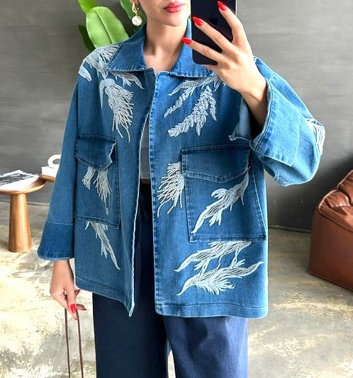 Embroidered Denim Jacket With Pockets