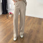 Beige Linen Straight Leg Pants With Elastic Waist