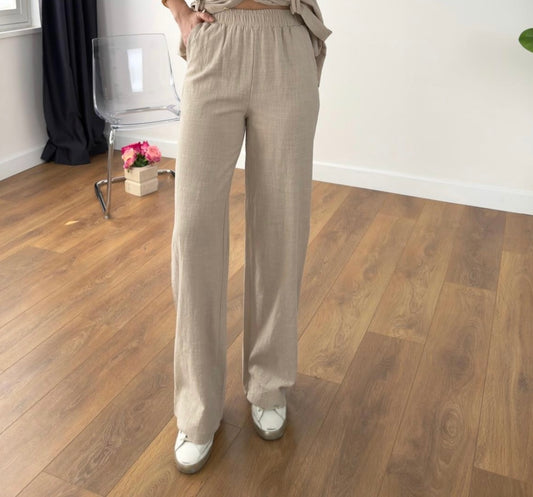 Beige Linen Straight Leg Pants With Elastic Waist
