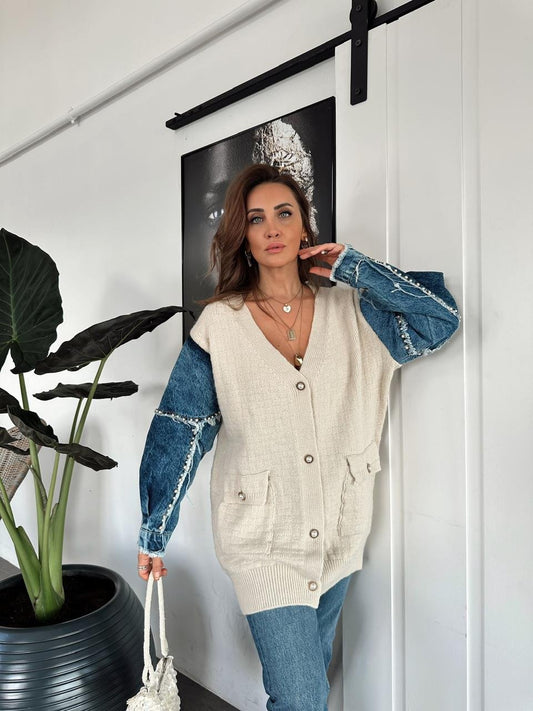 The Pearl Denim X Beige Cardigan With Pockets