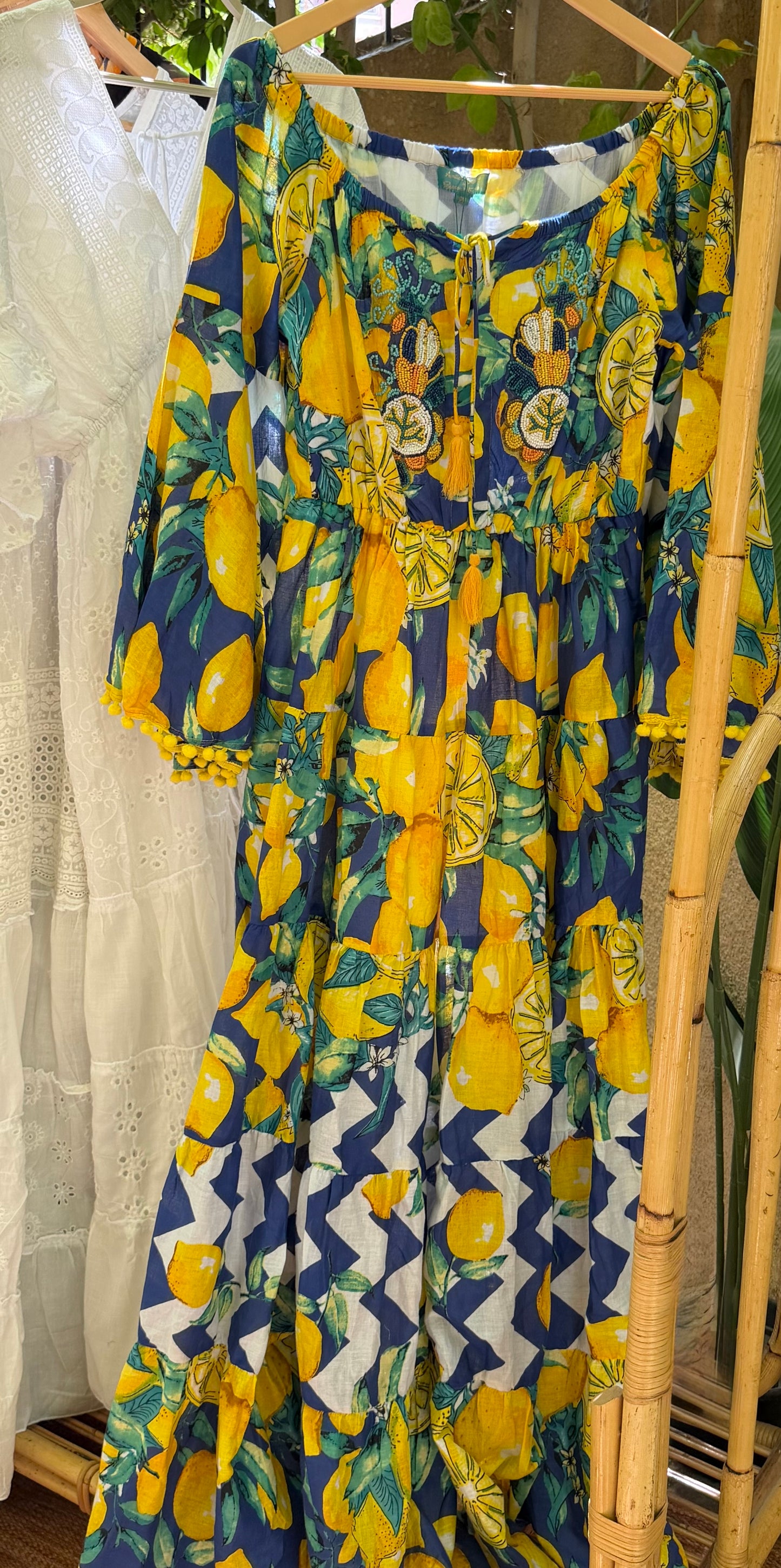Antica Sartoria Blue Lemon Dress With Handmade Embroidery Beads
