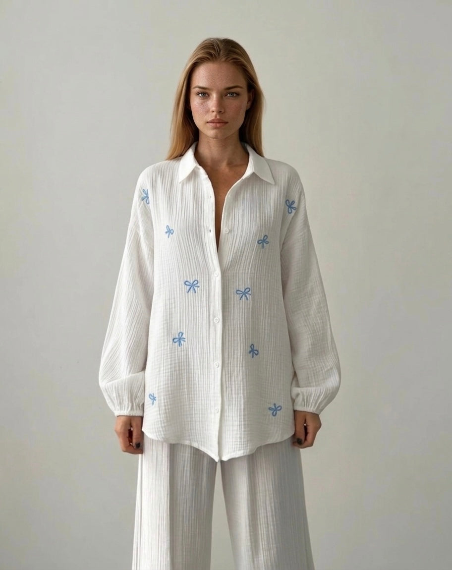 The White Blue Bow Embroidered Shirt