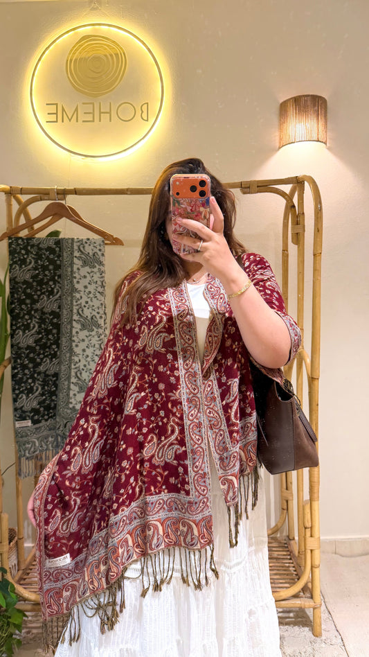 Burgundy Beige Cotton Double-Face Pashmina